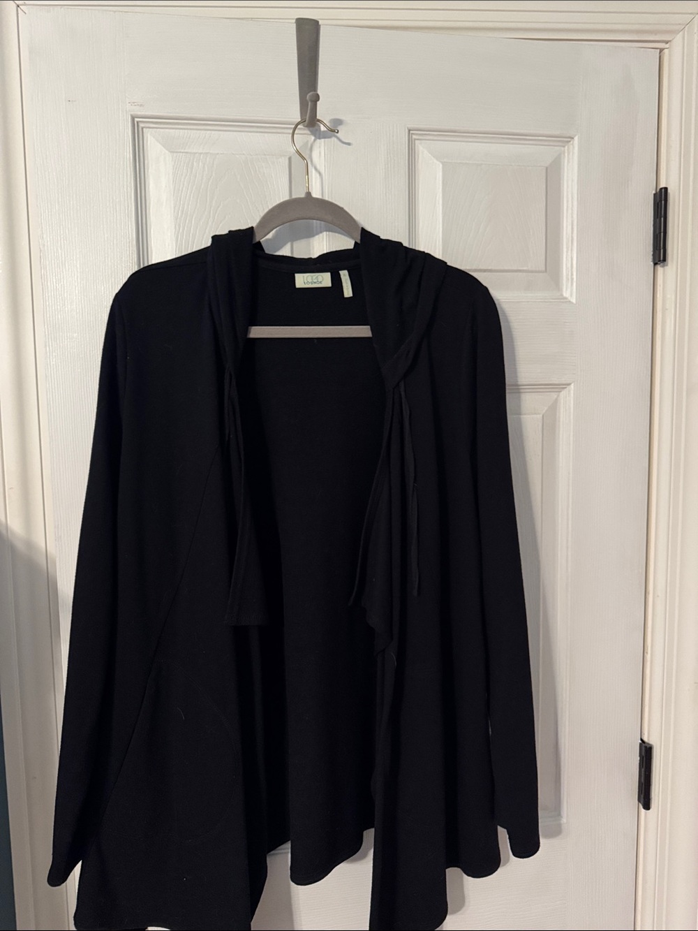 LOGO Lounge by Lori Goldstein Black Open-Front French Terry Hooded Cardigan